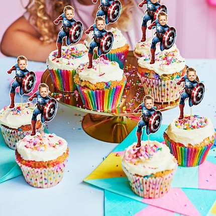 Captain America Custom Face Cupcake Toppers for Birthdays 10 ct