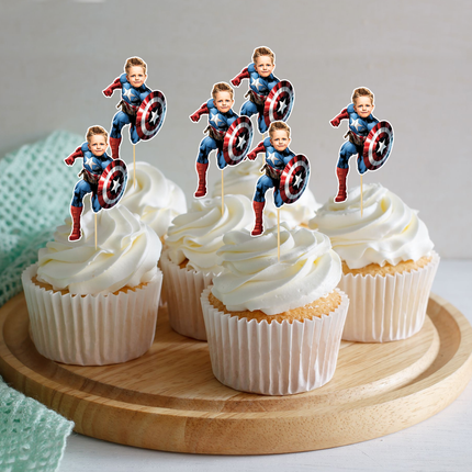 Captain America Custom Face Cupcake Toppers for Birthdays 10 ct