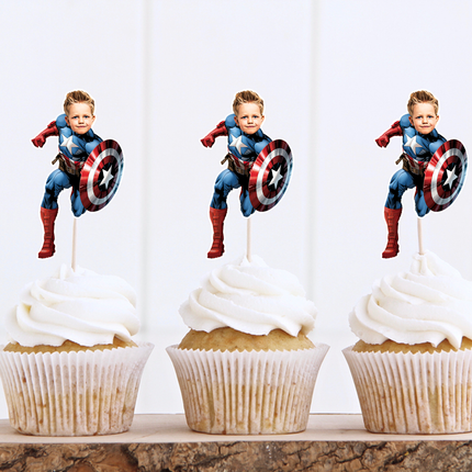 Captain America Custom Face Cupcake Toppers for Birthdays 10 ct