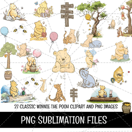 Classic Winnie the Pooh Doodle Alphabet Letters PNG Bundle Instant Download