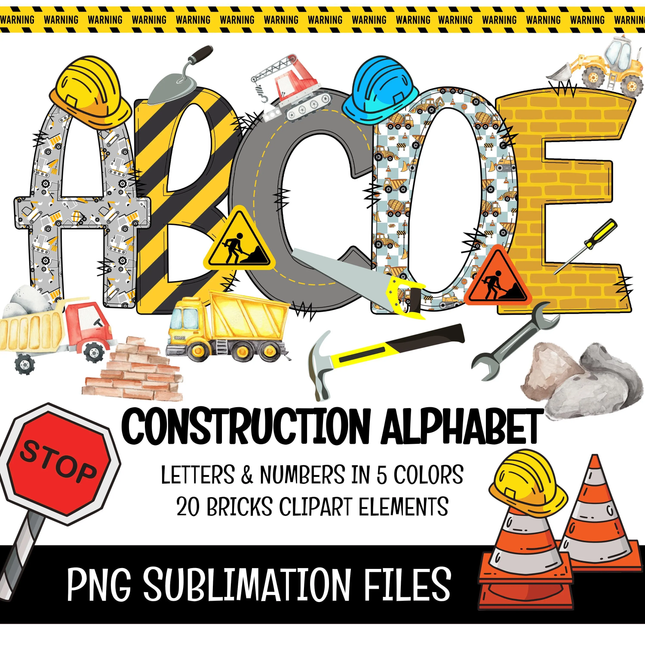 Construction Doodle Alphabet Letters PNG Bundle Instant Download