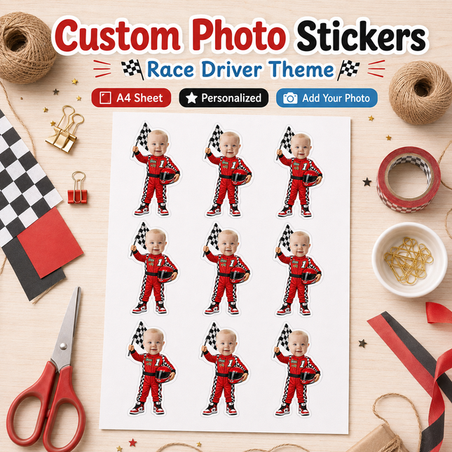 A sheet of custom photo stickers with a race driver theme, featuring cartoon toddlers in red racing suits holding checkered flags. The sheet is displayed on a light wood desk surrounded by craft supplies like scissors, tape, ribbon, and twine.