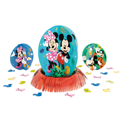 Mickey and Minnie Mouse party decoration set featuring a large oval center table topper with a fringe base, two matching round table covers, and scattered confetti on a white background.