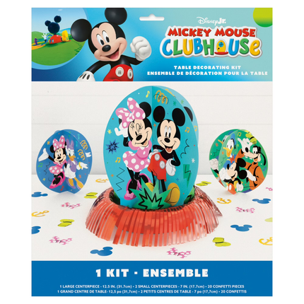 Disney Mickey Mouse Clubhouse table decoration kit packaging showing a colorful party setup with a large egg-shaped centerpiece, two smaller egg-shaped pieces, and round confetti pieces on a white background.