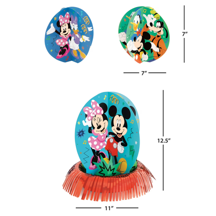 Disney Mickey and Minnie Mouse party decoration set with two oval table toppers and one larger freestanding egg-shaped centerpiece on a fringed base, shown with dimension labels on a white background.