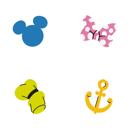 Four cartoon-style icons on a white background: a blue mouse head silhouette in the top left, a pink bow with white polka dots in the top right, a yellow-green pair of boxing gloves with a black band in the bottom left, and a yellow anchor in the bottom right.