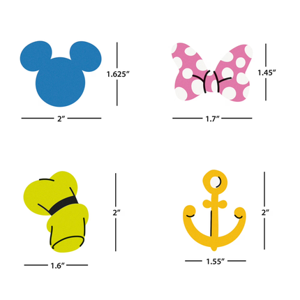 Four cartoon-style decal designs shown with dimension lines and measurements: a blue mouse head silhouette, a pink-and-white polka dot butterfly, a yellow chef hat, and a yellow anchor.