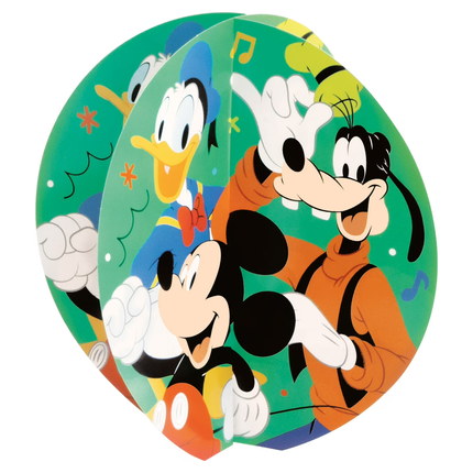 A 3D paper diorama model of a Mickey Mouse and friends party hat, featuring colorful illustrations of Mickey, Donald Duck, Goofy, and Pluto on a green background.