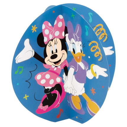 A round blue paper party hat featuring Minnie Mouse and Daisy Duck in a festive, cartoon-style design with musical notes and confetti.