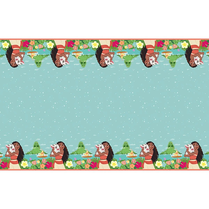 A repeating decorative border pattern featuring cartoon Polynesian figures, green turtles, flowers, and umbrellas on a light aqua background with small white speckles. The pattern is shown as a horizontal strip with white margins above and below.