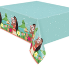 A rectangular table covered with a light aqua tablecloth featuring a repeating illustrated border of Moana, sea creatures, flowers, and small boats on a white background.