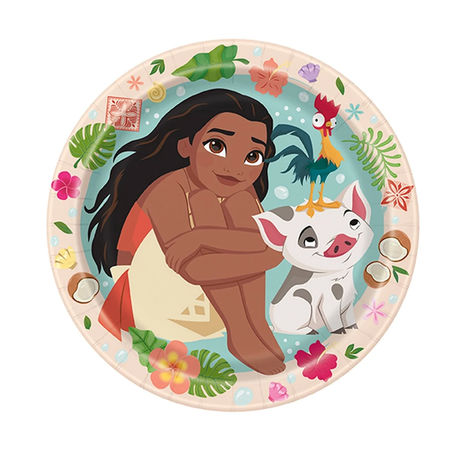 A round paper plate featuring a colorful illustration of Moana, a pig, and a rooster, surrounded by tropical leaves and flowers on a white background.