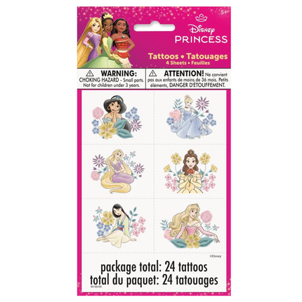 Disney Princess tattoos packaging with character illustrations on a pink background
