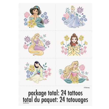 Set of Disney princess tattoos with flowers on a white background