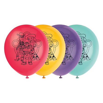 Four latex balloons in red, yellow, purple, and teal, each printed with a black outline illustration of Woody and Buzz Lightyear from Toy Story, shown on a white background.