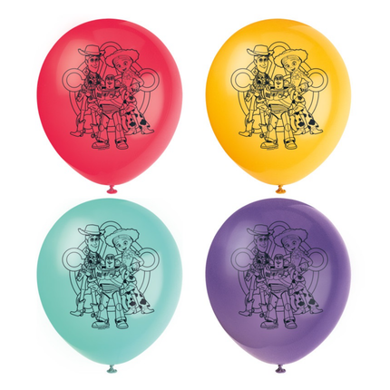 Four latex balloons arranged in a 2x2 grid on a white background: red, yellow, mint green, and purple, each printed with a black line drawing of Woody and Buzz Lightyear.