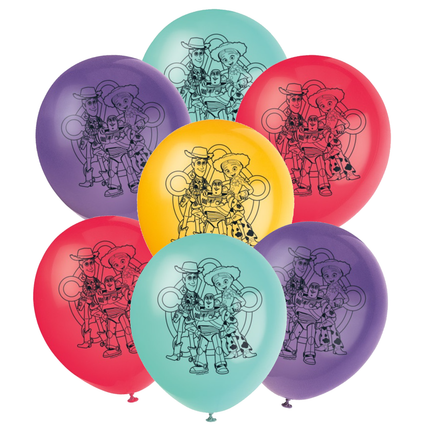 Six colorful balloons arranged in a cluster on a white background, each printed with a black line drawing of Woody and Buzz Lightyear from Toy Story.