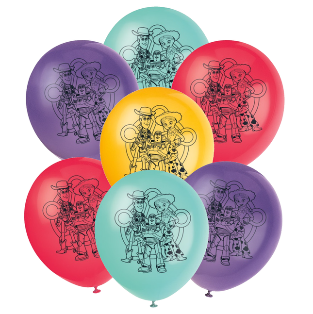 Six colorful balloons arranged in a cluster on a white background, each printed with a black line drawing of Woody and Buzz Lightyear from Toy Story.