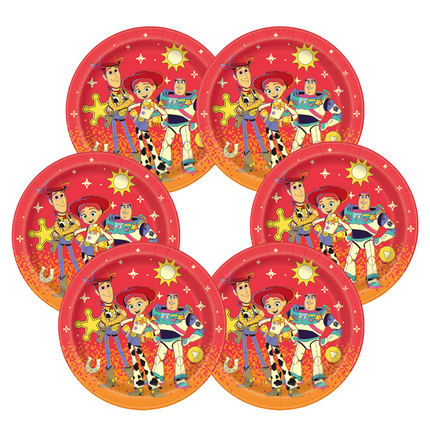 Six round paper plates arranged in a circle on a white background, featuring a Toy Story character print with Woody, Buzz Lightyear, Jessie, and Cowboy Boots on a red and orange gradient design.