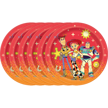 A set of six overlapping round paper plates featuring a Toy Story character design with Woody, Buzz Lightyear, and Jessie on a red and orange gradient background.