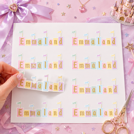 A hand holds a single die-cut sticker that spells  Disneyland 'Emma land' in pastel letter tiles with small flag illustrations, placed over a sheet of matching stickers. The scene is styled in pink with ribbon, stars, scissors, and a small castle prop.