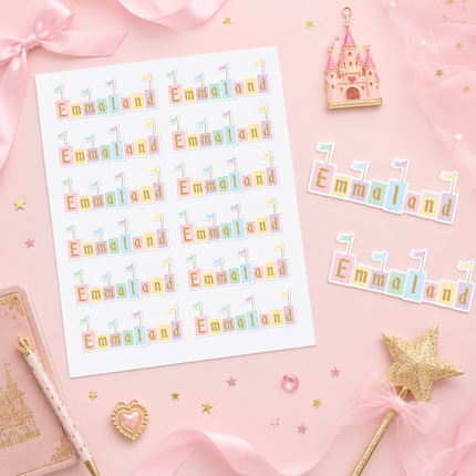 A sheet of decorative  Disneyland stickers spelling 'Emmaland' with small flags above each word, arranged on a pink styled flat-lay with a castle ornament, wand, pen, notebook, and ribbon.