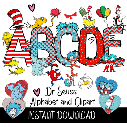 Dr Seuss Cat in The Hat Doodle Alphabet Letters PNG Bundle Instant Download