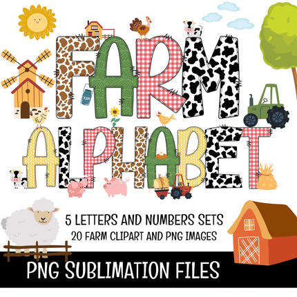 Farm Animals Doodle Alphabet Letters, Numbers PNG Bundle Instant Download