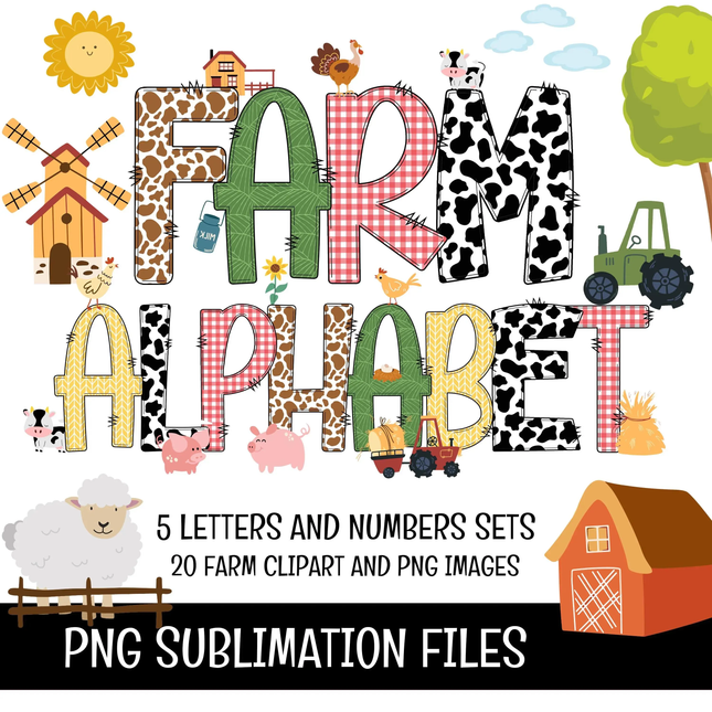 Farm Animals Doodle Alphabet Letters, Numbers PNG Bundle Instant Download