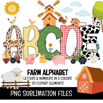 Farm Animals Doodle Alphabet Letters, Numbers PNG Bundle Instant Download