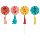 Feelin' Retro Birthday Paper Fan Cake Toppers with Tassels, 8 Ct
