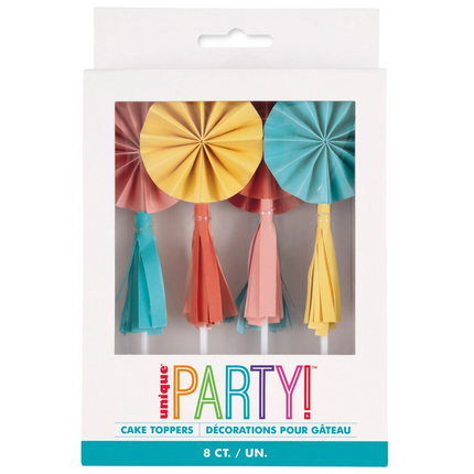 Feelin' Retro Birthday Paper Fan Cake Toppers with Tassels, 8 Ct