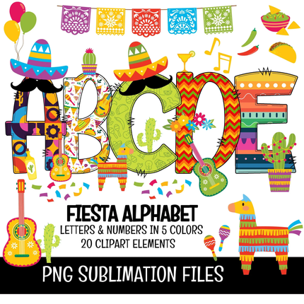 Fiesta Doodle Alphabet Letters, Numbers PNG Clipart Bundle Instant Download
