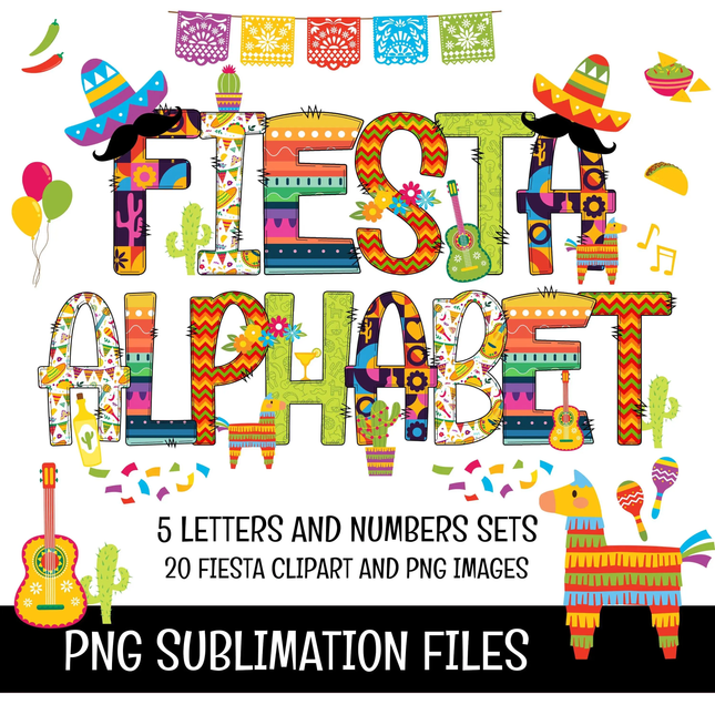 Fiesta Doodle Alphabet Letters, Numbers PNG Clipart Bundle Instant Download