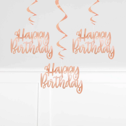Happy Birthday Rose Gold Hanging Swirl Decorations, 32", 3ct