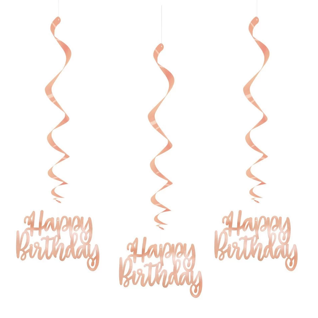 Happy Birthday Rose Gold Hanging Swirl Decorations, 32", 3ct