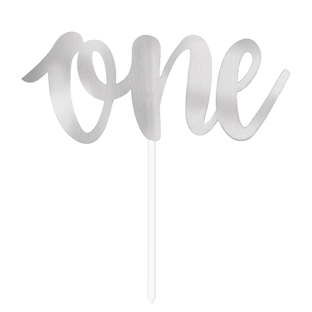 Foil Script "One" Cake Topper, 6 in, Silver, 1ct