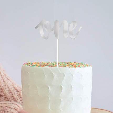 Foil Script "One" Cake Topper, 6 in, Silver, 1ct