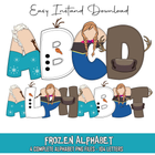 Frozen-themed alphabet letters with characters from the movie on a white background.