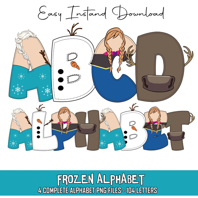 Frozen-themed alphabet letters with characters from the movie on a white background.
