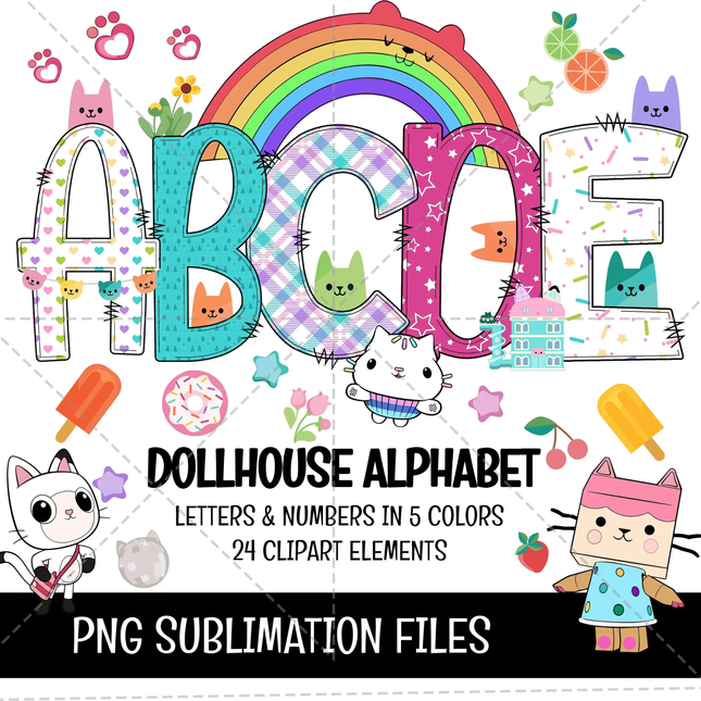 Gabby Dollhouse Doodle Alphabet Letters PNG Bundle Instant Download