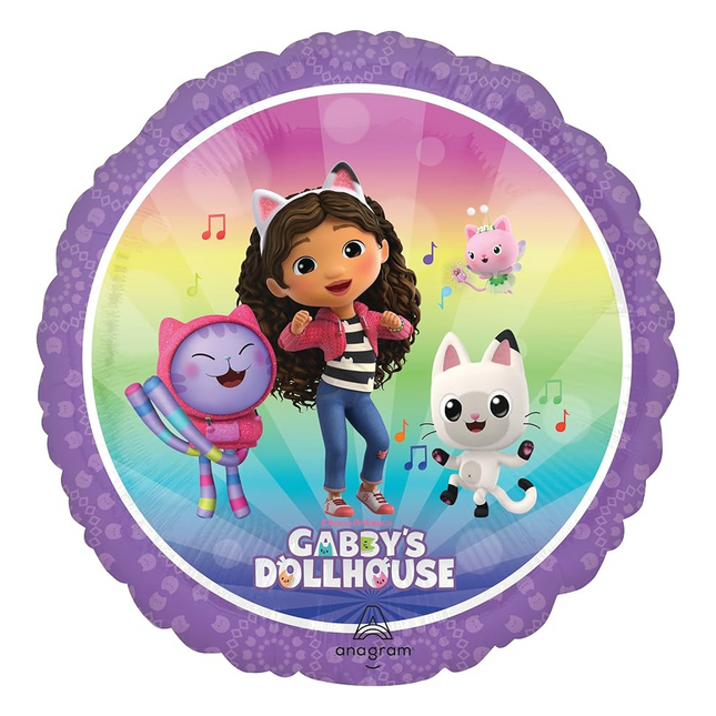 Balloon with cartoon character and animals from 'Gabby's Dollhouse' on a colorful background