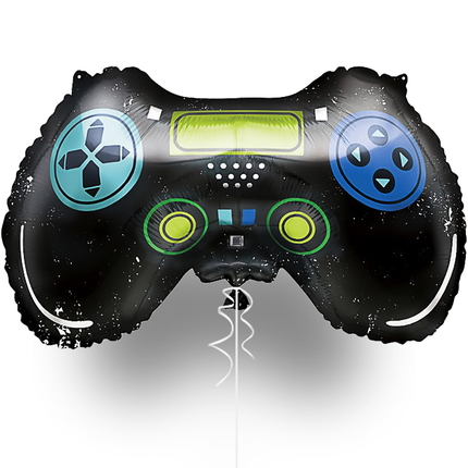 Balloon shaped like a video game controller with colorful buttons on a white background