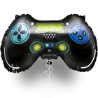 Balloon shaped like a video game controller with colorful buttons on a white background