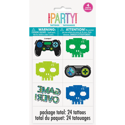 Gamer Birthday Tattoos 4 Sheets, 24 Tattoos