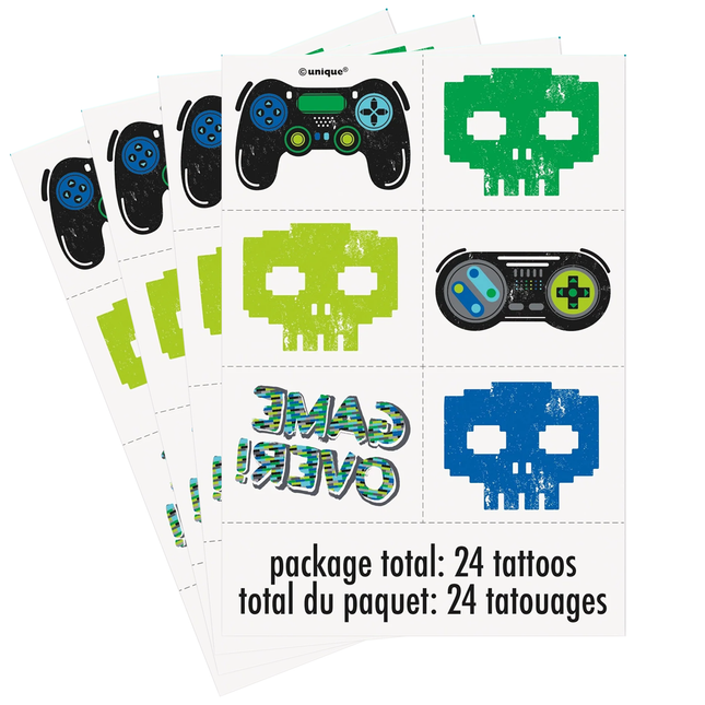 Gamer Birthday Tattoos 4 Sheets, 24 Tattoos