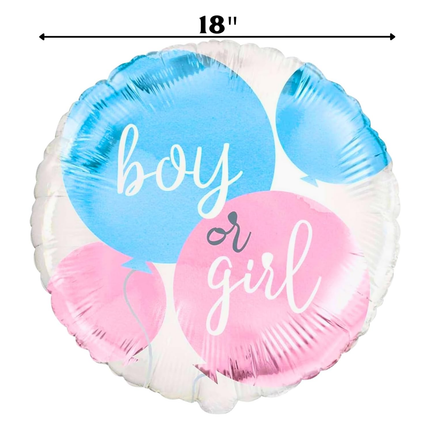 Balloon with 'boy or girl' text, blue and pink colors, and a measurement label on a white background.