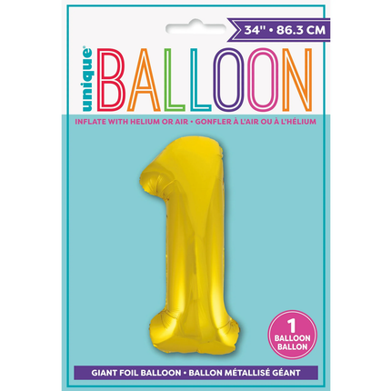 Gold 1 Number Foil Balloon 34"