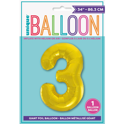 Gold 3 Number Foil Balloon 34"