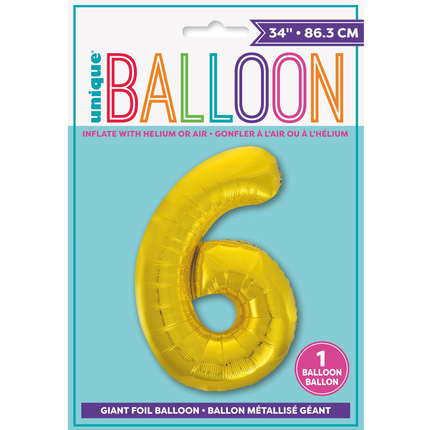 Gold 6 Number Foil Balloon 34"